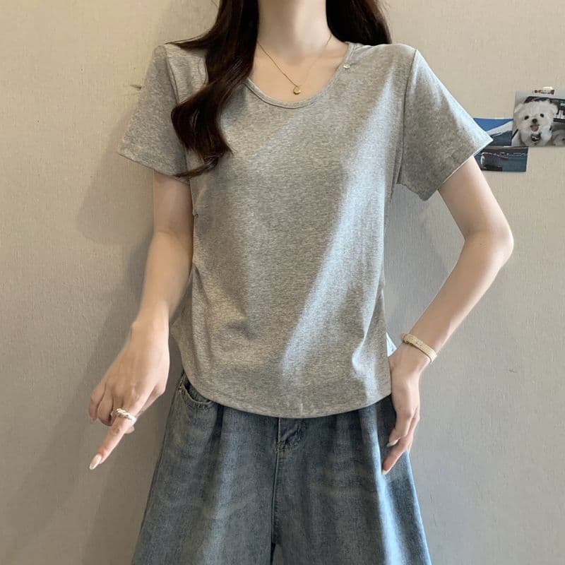 실사 2026 여름 92 면 허리 수축 핀치 Pleat 빅 사이즈 Chic 몸매 가꾸기 슬림해 보이는 V넥 맨위 반팔 티셔츠 여성 상세 이미지 2