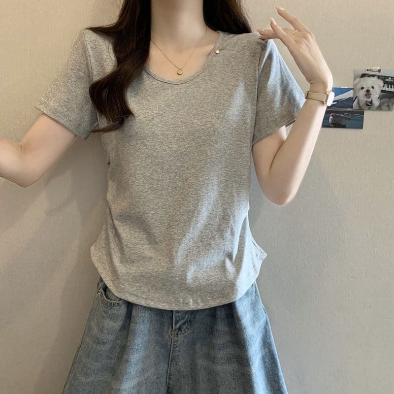 실사 2026 여름 92 면 허리 수축 핀치 Pleat 빅 사이즈 Chic 몸매 가꾸기 슬림해 보이는 V넥 맨위 반팔 티셔츠 여성 상세 이미지 4