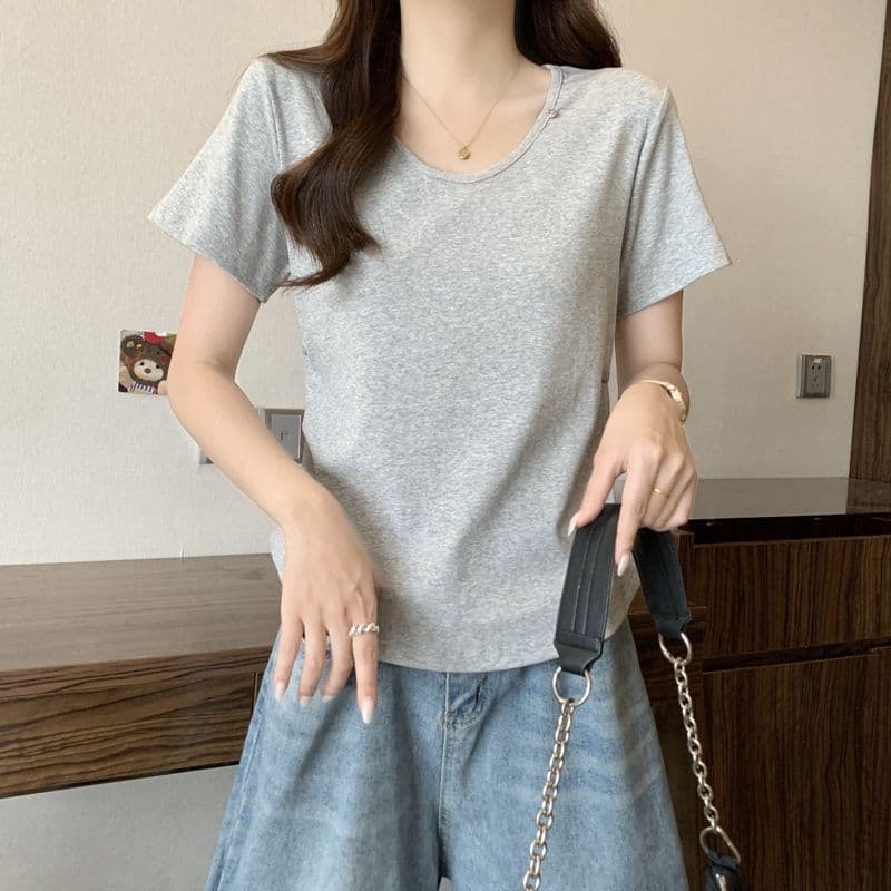 실사 2026 여름 92 면 허리 수축 핀치 Pleat 빅 사이즈 Chic 몸매 가꾸기 슬림해 보이는 V넥 맨위 반팔 티셔츠 여성 상세 이미지 5