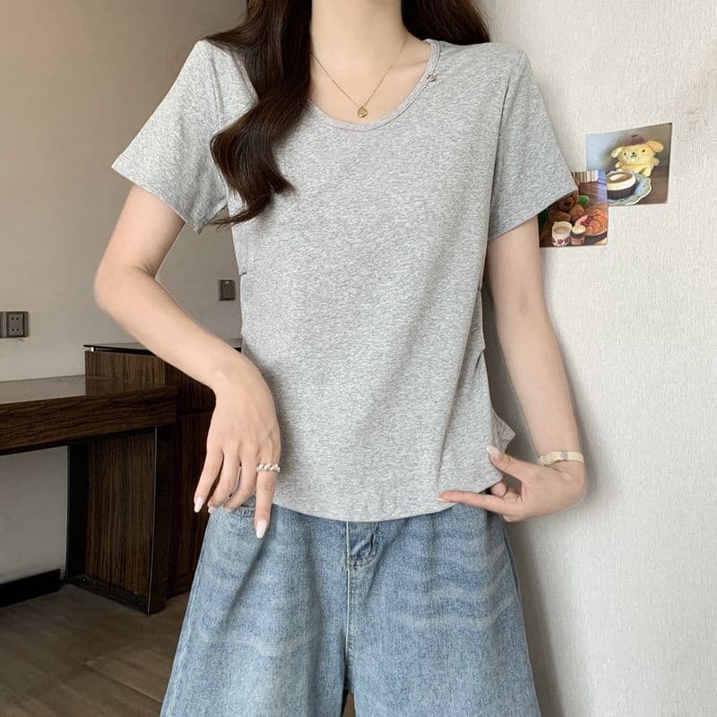 실사 2026 여름 92 면 허리 수축 핀치 Pleat 빅 사이즈 Chic 몸매 가꾸기 슬림해 보이는 V넥 맨위 반팔 티셔츠 여성 상세 이미지 7