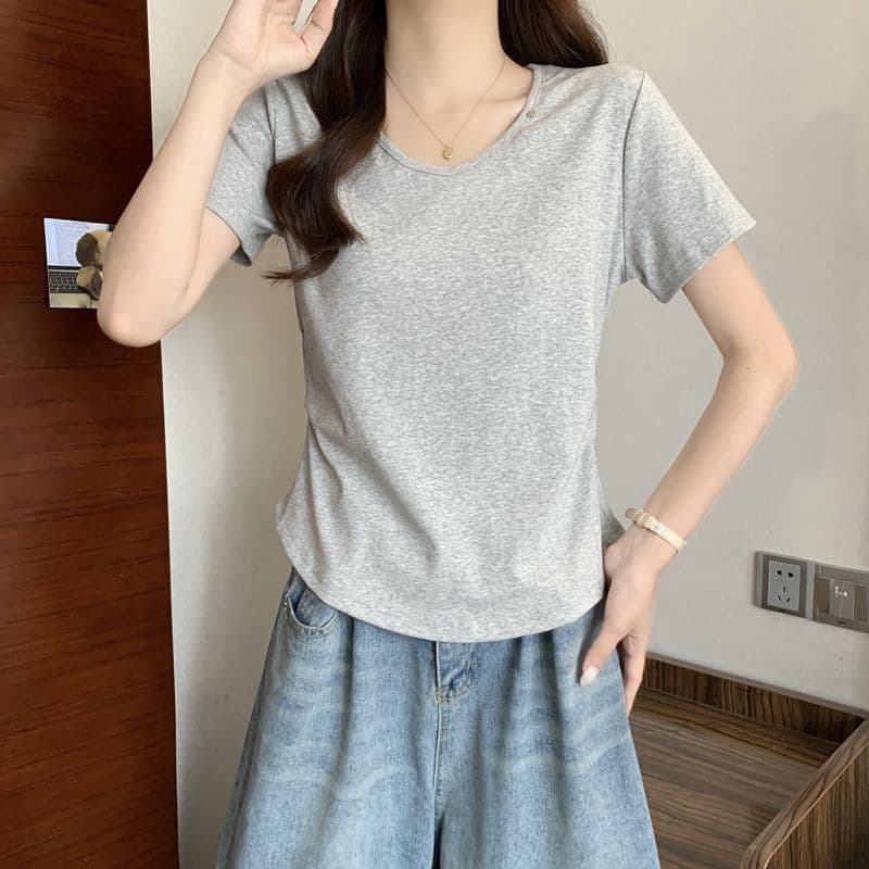 실사 2026 여름 92 면 허리 수축 핀치 Pleat 빅 사이즈 Chic 몸매 가꾸기 슬림해 보이는 V넥 맨위 반팔 티셔츠 여성 상세 이미지 9