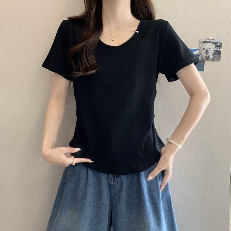 실사 2026 여름 92 면 허리 수축 핀치 Pleat 빅 사이즈 Chic 몸매 가꾸기 슬림해 보이는 V넥 맨위 반팔 티셔츠 여성 상세 이미지 11