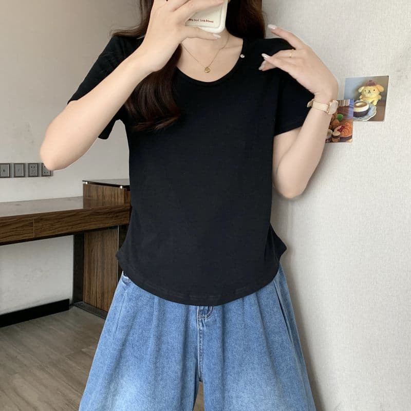 실사 2026 여름 92 면 허리 수축 핀치 Pleat 빅 사이즈 Chic 몸매 가꾸기 슬림해 보이는 V넥 맨위 반팔 티셔츠 여성 상세 이미지 16