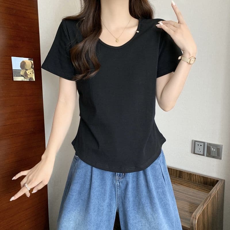 실사 2026 여름 92 면 허리 수축 핀치 Pleat 빅 사이즈 Chic 몸매 가꾸기 슬림해 보이는 V넥 맨위 반팔 티셔츠 여성 상세 이미지 19