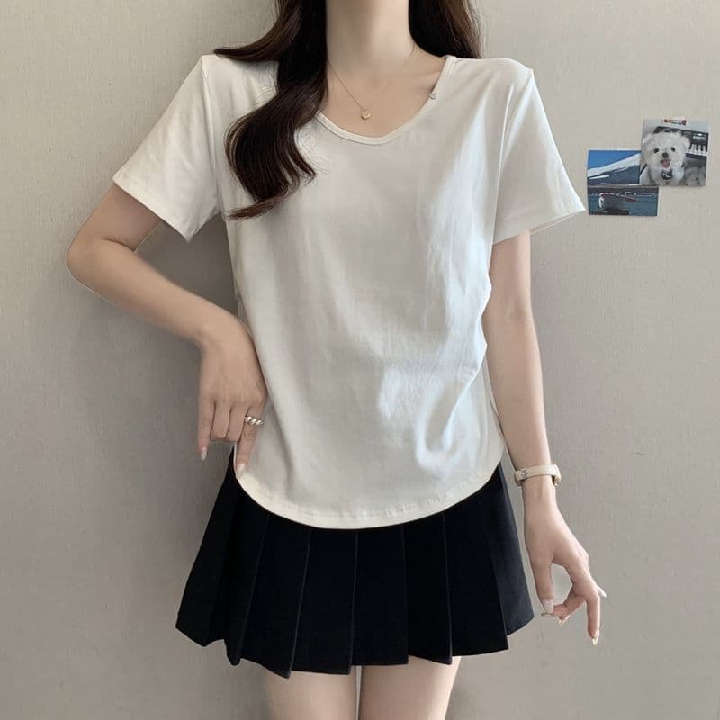 실사 2026 여름 92 면 허리 수축 핀치 Pleat 빅 사이즈 Chic 몸매 가꾸기 슬림해 보이는 V넥 맨위 반팔 티셔츠 여성 상세 이미지 21