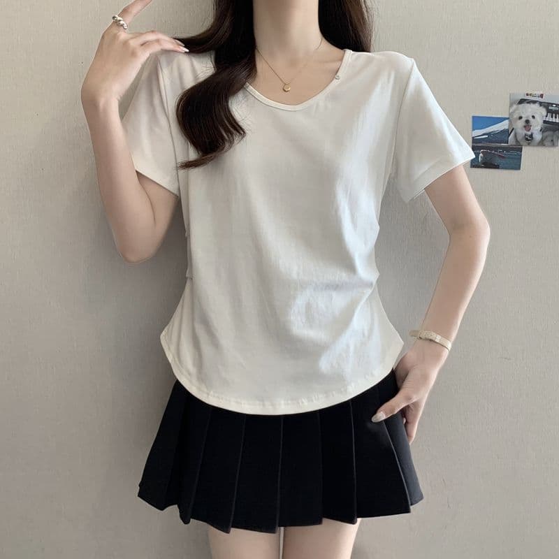 실사 2026 여름 92 면 허리 수축 핀치 Pleat 빅 사이즈 Chic 몸매 가꾸기 슬림해 보이는 V넥 맨위 반팔 티셔츠 여성 상세 이미지 22