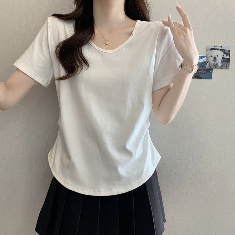 실사 2026 여름 92 면 허리 수축 핀치 Pleat 빅 사이즈 Chic 몸매 가꾸기 슬림해 보이는 V넥 맨위 반팔 티셔츠 여성 상세 이미지 23