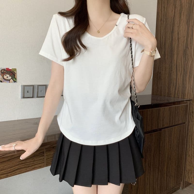 실사 2026 여름 92 면 허리 수축 핀치 Pleat 빅 사이즈 Chic 몸매 가꾸기 슬림해 보이는 V넥 맨위 반팔 티셔츠 여성 상세 이미지 24