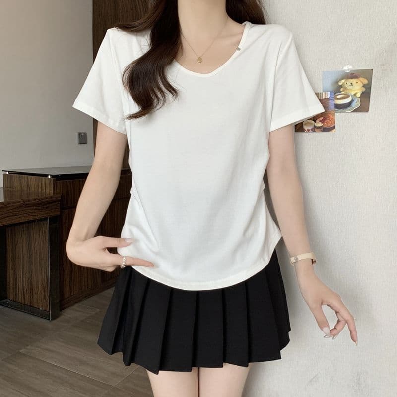 실사 2026 여름 92 면 허리 수축 핀치 Pleat 빅 사이즈 Chic 몸매 가꾸기 슬림해 보이는 V넥 맨위 반팔 티셔츠 여성 상세 이미지 25