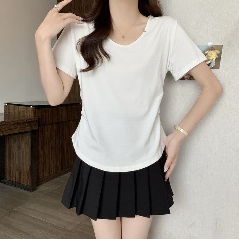실사 2026 여름 92 면 허리 수축 핀치 Pleat 빅 사이즈 Chic 몸매 가꾸기 슬림해 보이는 V넥 맨위 반팔 티셔츠 여성 상세 이미지 26