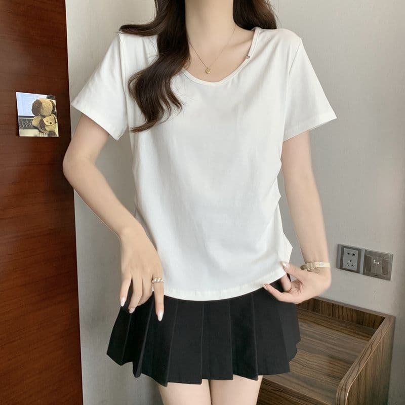 실사 2026 여름 92 면 허리 수축 핀치 Pleat 빅 사이즈 Chic 몸매 가꾸기 슬림해 보이는 V넥 맨위 반팔 티셔츠 여성 상세 이미지 27