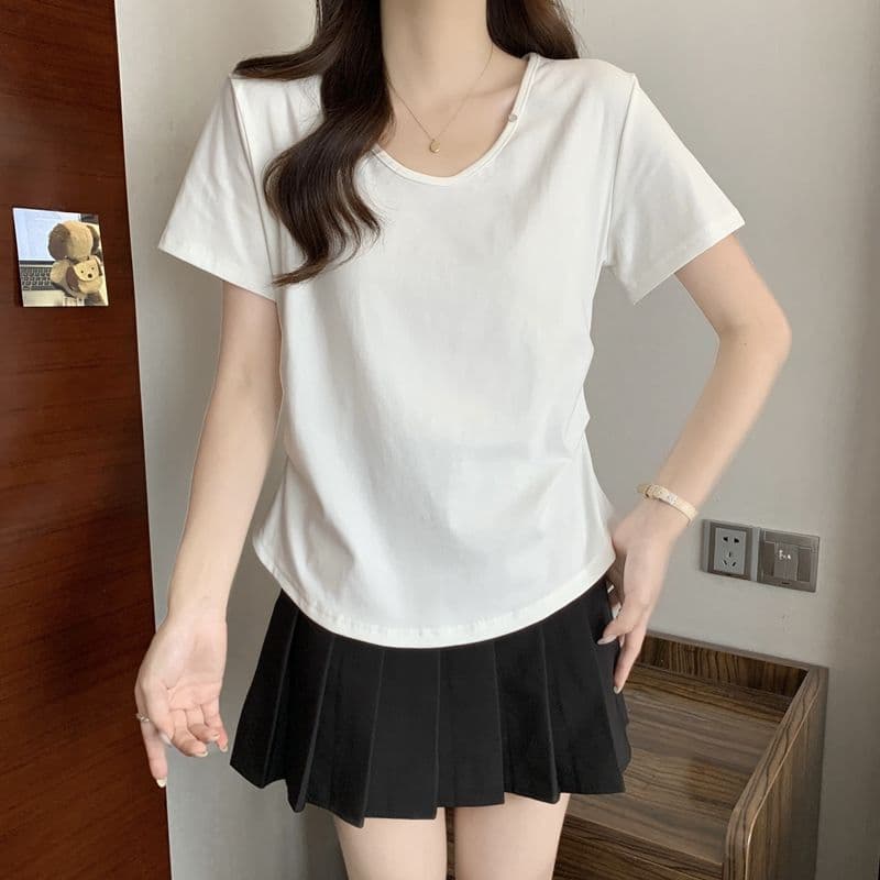 실사 2026 여름 92 면 허리 수축 핀치 Pleat 빅 사이즈 Chic 몸매 가꾸기 슬림해 보이는 V넥 맨위 반팔 티셔츠 여성 상세 이미지 28