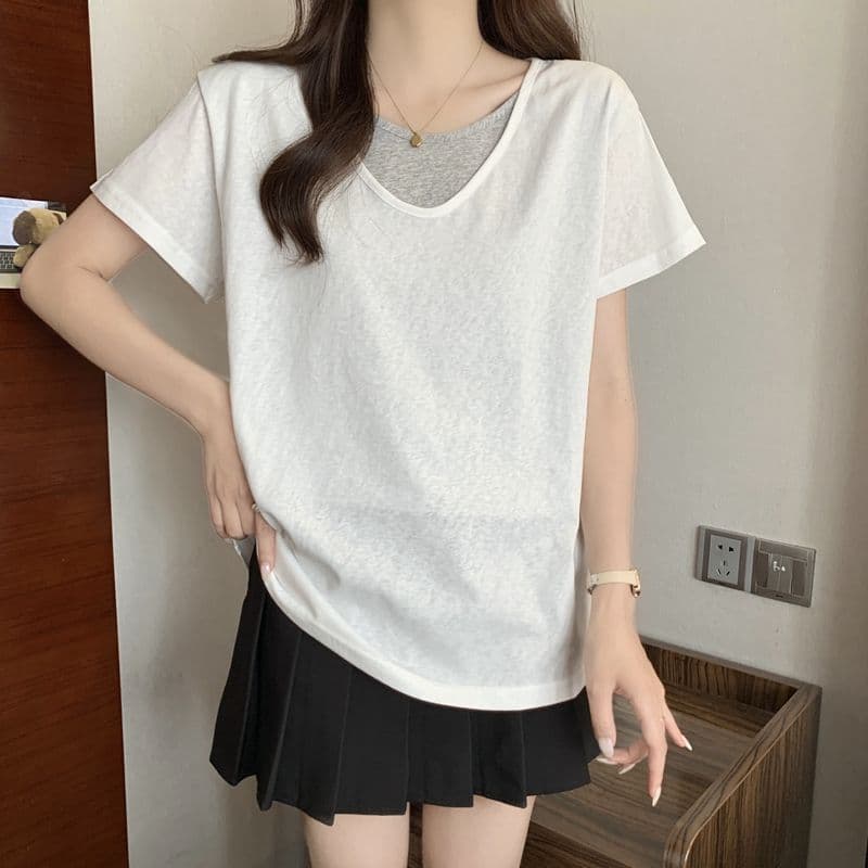 실사 2026 여름 50 면 눈꽃 면 느슨함 배색 페이크 레이어드 V넥 반팔 티셔츠 여성 상세 이미지 8
