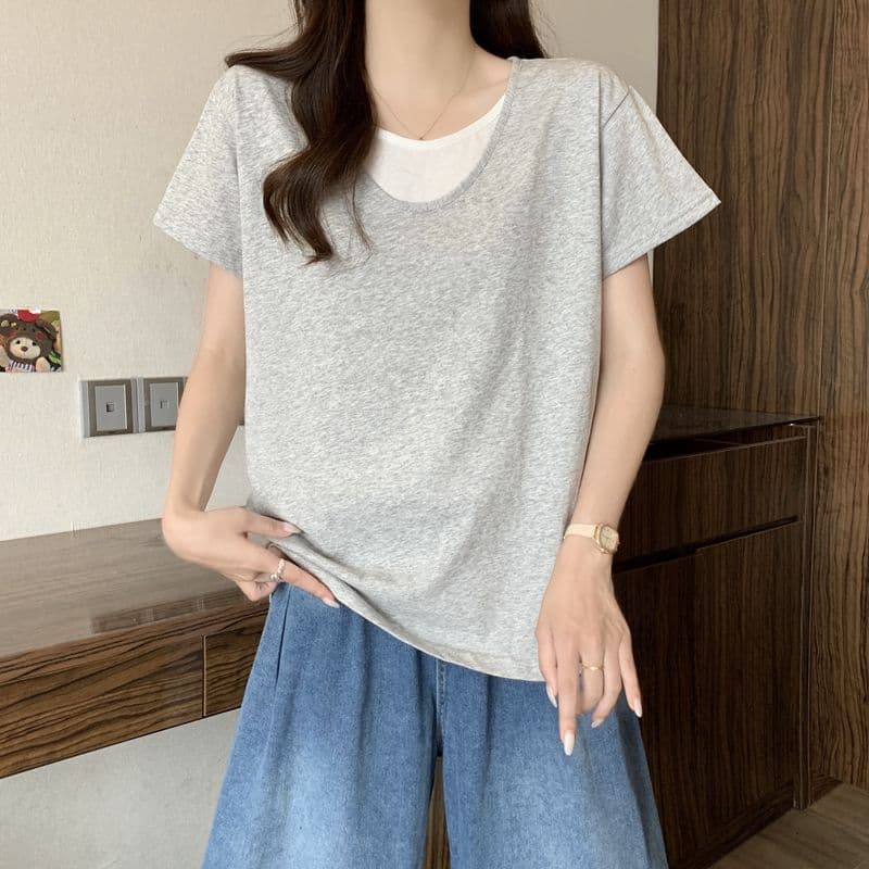 실사 2026 여름 50 면 눈꽃 면 느슨함 배색 페이크 레이어드 V넥 반팔 티셔츠 여성 상세 이미지 14