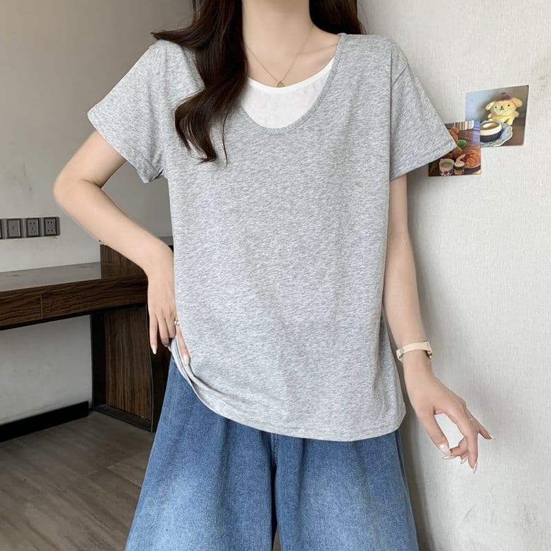 실사 2026 여름 50 면 눈꽃 면 느슨함 배색 페이크 레이어드 V넥 반팔 티셔츠 여성 상세 이미지 15