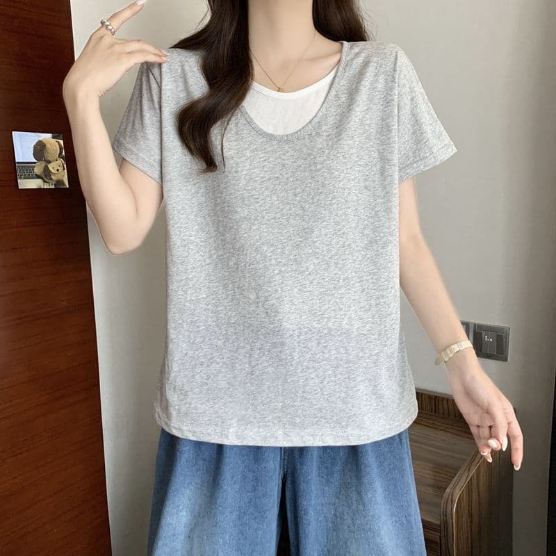 실사 2026 여름 50 면 눈꽃 면 느슨함 배색 페이크 레이어드 V넥 반팔 티셔츠 여성 상세 이미지 18