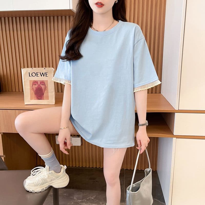 실사 2026 여름 40 더블 실 순면 210 그램 빅 사이즈 레이스 패치워크 레이스 라이트 보드 반팔 티셔츠 여성