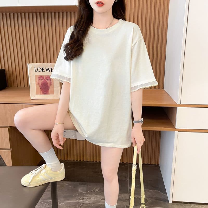 실사 2026 여름 40 더블 실 순면 210 그램 빅 사이즈 레이스 패치워크 레이스 라이트 보드 반팔 티셔츠 여성 이미지 3