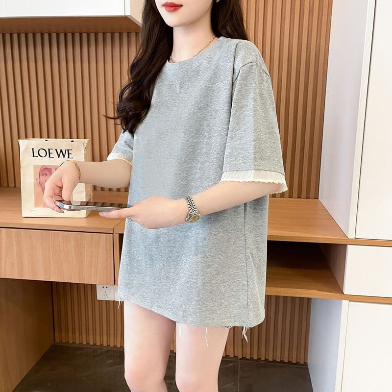 실사 2026 여름 40 더블 실 순면 210 그램 빅 사이즈 레이스 패치워크 레이스 라이트 보드 반팔 티셔츠 여성 이미지 5