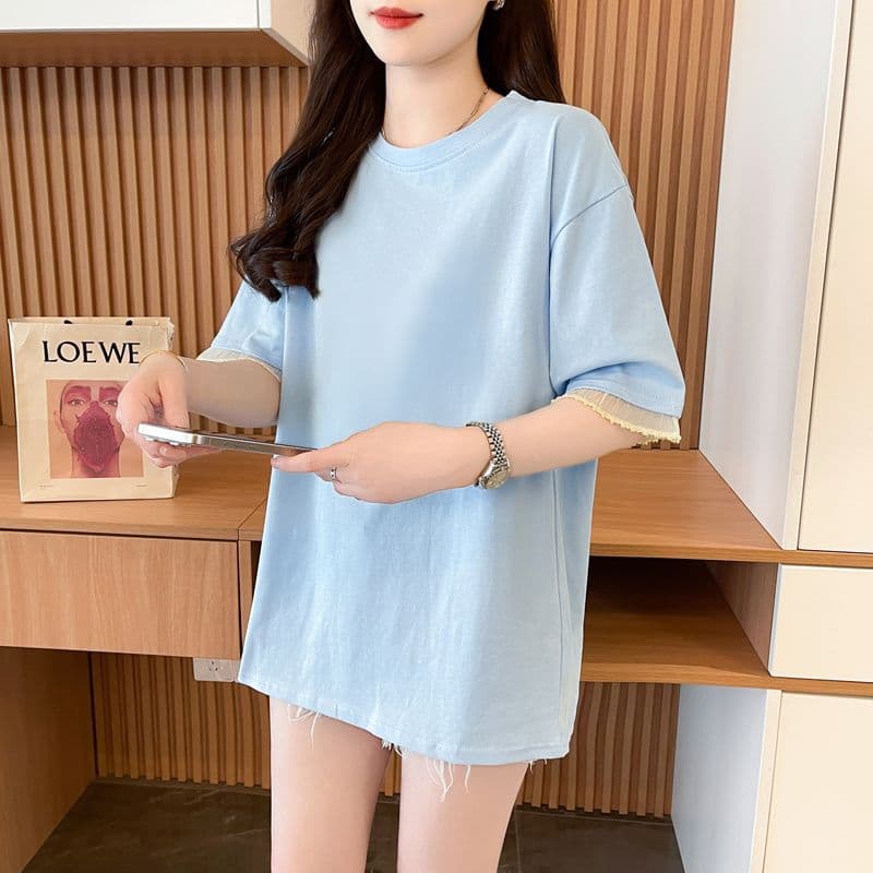 실사 2026 여름 40 더블 실 순면 210 그램 빅 사이즈 레이스 패치워크 레이스 라이트 보드 반팔 티셔츠 여성 상세 이미지 4