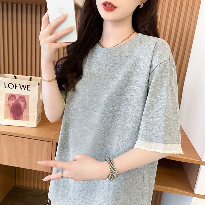 실사 2026 여름 40 더블 실 순면 210 그램 빅 사이즈 레이스 패치워크 레이스 라이트 보드 반팔 티셔츠 여성 상세 이미지 10
