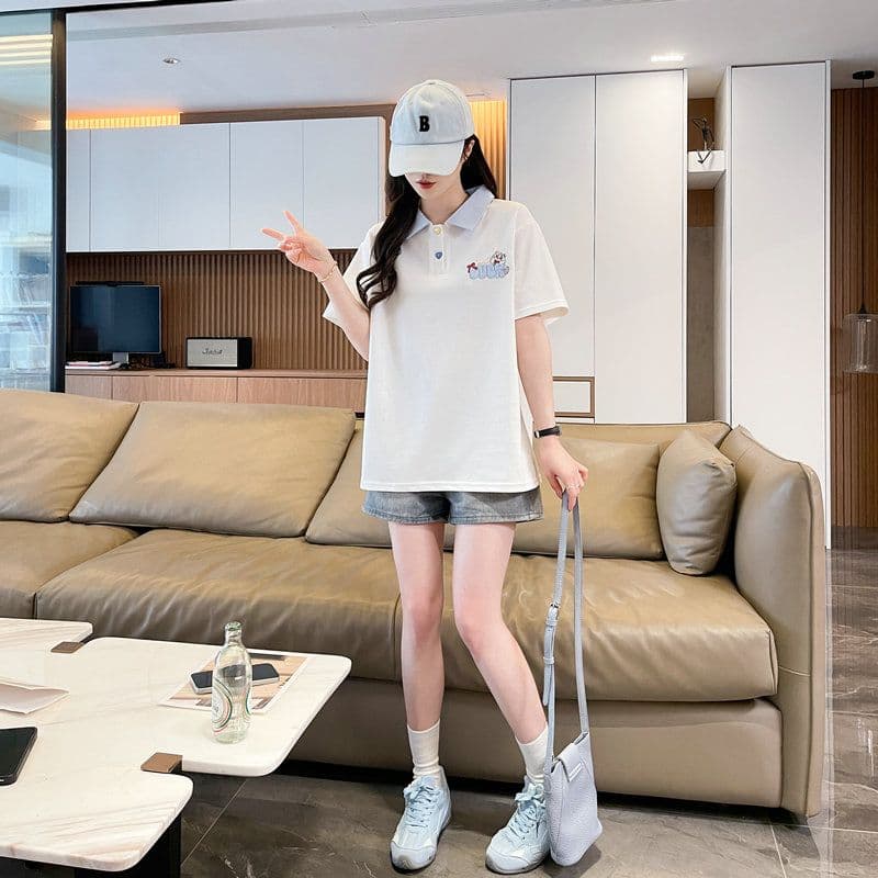 실사 2026 여름 50 면 50 폴리 에스터 남자 바 면 만화 POLO 셔츠 반팔 티셔츠 여성 상세 이미지 2