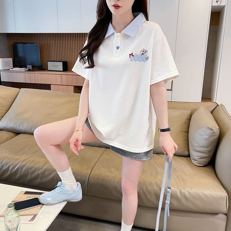 실사 2026 여름 50 면 50 폴리 에스터 남자 바 면 만화 POLO 셔츠 반팔 티셔츠 여성 상세 이미지 4