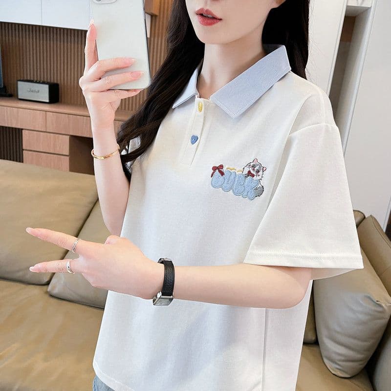 실사 2026 여름 50 면 50 폴리 에스터 남자 바 면 만화 POLO 셔츠 반팔 티셔츠 여성 상세 이미지 6