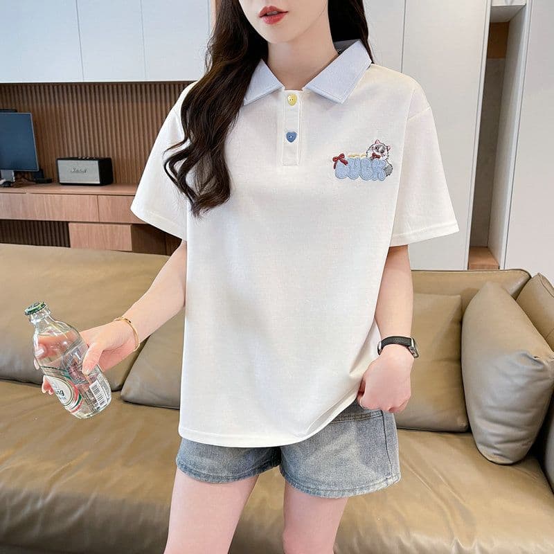 실사 2026 여름 50 면 50 폴리 에스터 남자 바 면 만화 POLO 셔츠 반팔 티셔츠 여성 상세 이미지 10
