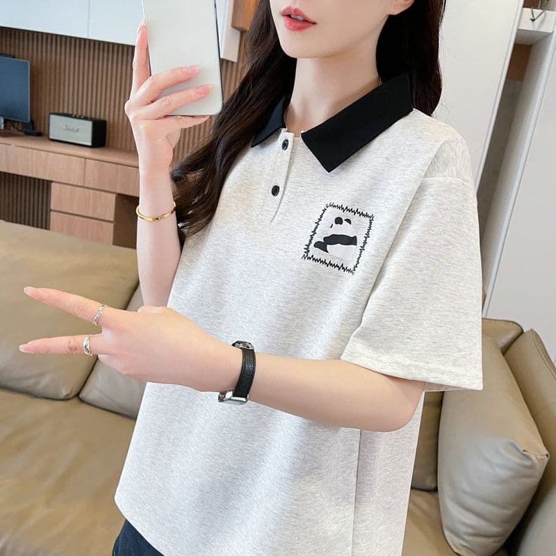 실사 2026 여름 50 면 50 폴리 에스터 남자 바 면 만화 POLO 셔츠 반팔 티셔츠 여성 이미지 5