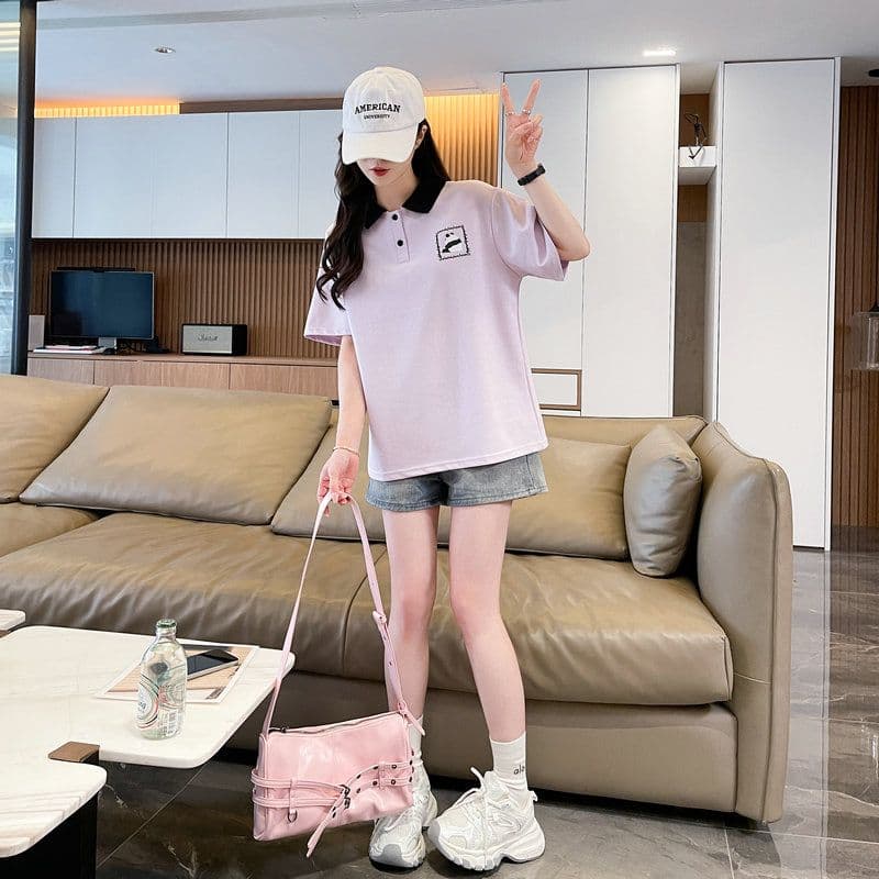 실사 2026 여름 50 면 50 폴리 에스터 남자 바 면 만화 POLO 셔츠 반팔 티셔츠 여성 상세 이미지 2