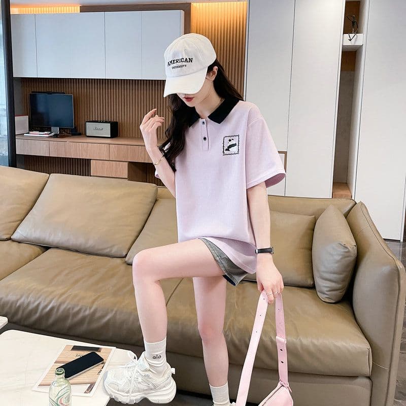 실사 2026 여름 50 면 50 폴리 에스터 남자 바 면 만화 POLO 셔츠 반팔 티셔츠 여성 상세 이미지 3