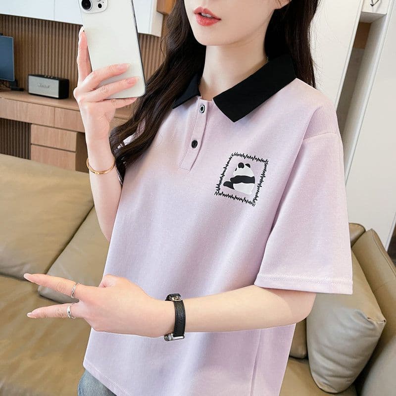 실사 2026 여름 50 면 50 폴리 에스터 남자 바 면 만화 POLO 셔츠 반팔 티셔츠 여성 상세 이미지 7