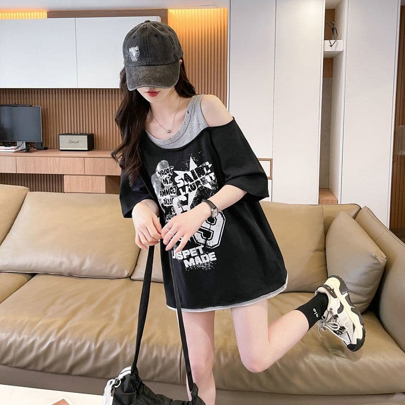 실사 2026 여름 모방 면 케이블 루오 Na 빅 사이즈 오프숄더 보트넥 반팔 티셔츠 여성 상세 이미지 3