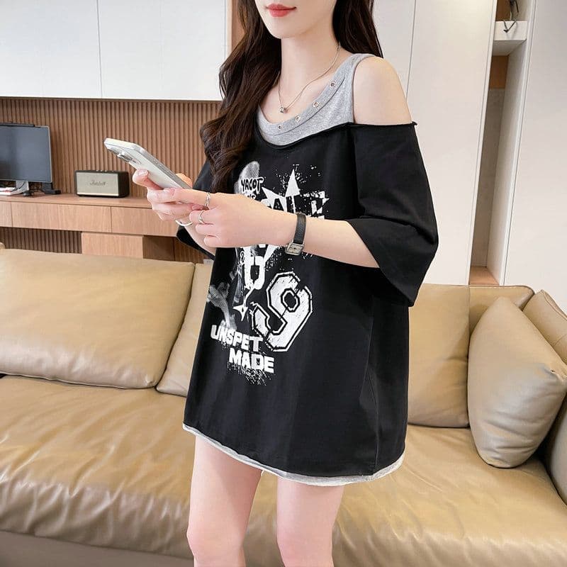 실사 2026 여름 모방 면 케이블 루오 Na 빅 사이즈 오프숄더 보트넥 반팔 티셔츠 여성 상세 이미지 5