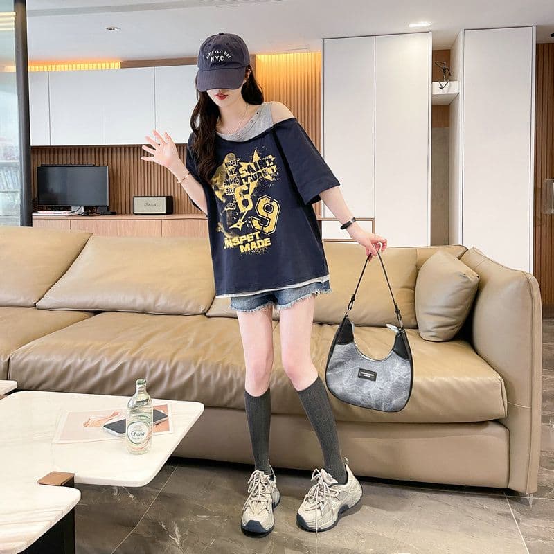 실사 2026 여름 모방 면 케이블 루오 Na 빅 사이즈 오프숄더 보트넥 반팔 티셔츠 여성 상세 이미지 22