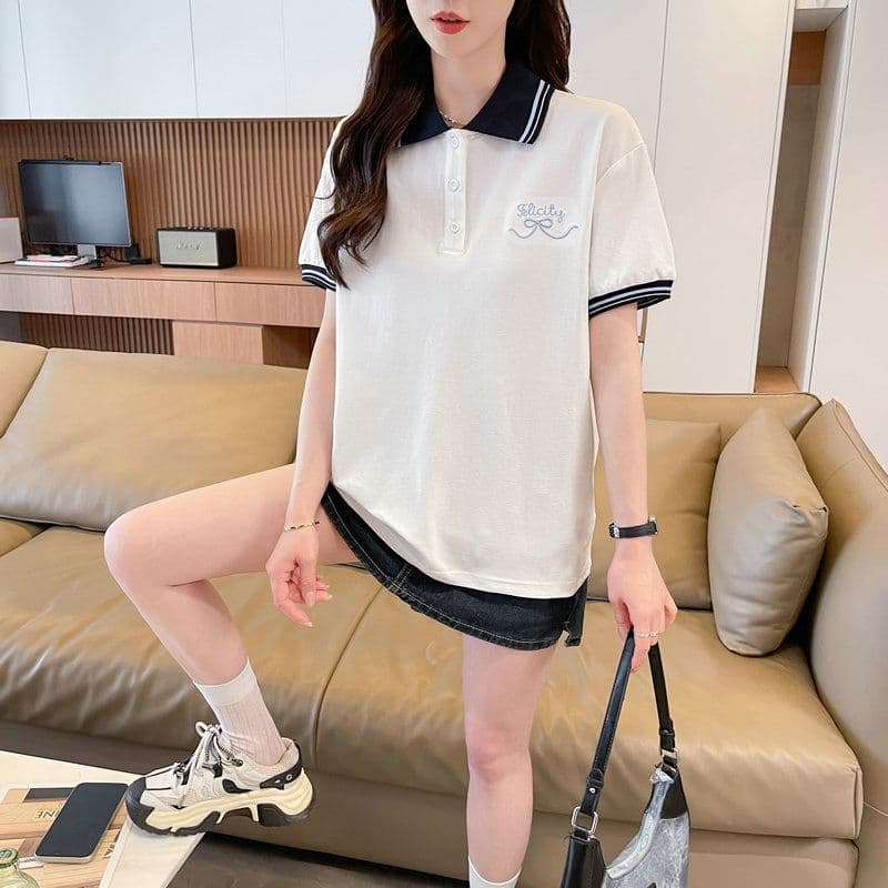실사 2026 여름 50 면 50 폴리 에스터 남자 바 면 폴로 칼라 반팔 티셔츠 여성 이미지 2