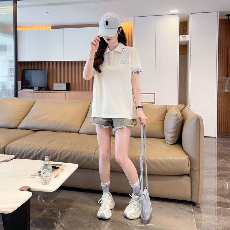 실사 2026 여름 50 면 50 폴리 에스터 남자 바 면 폴로 칼라 반팔 티셔츠 여성 상세 이미지 2