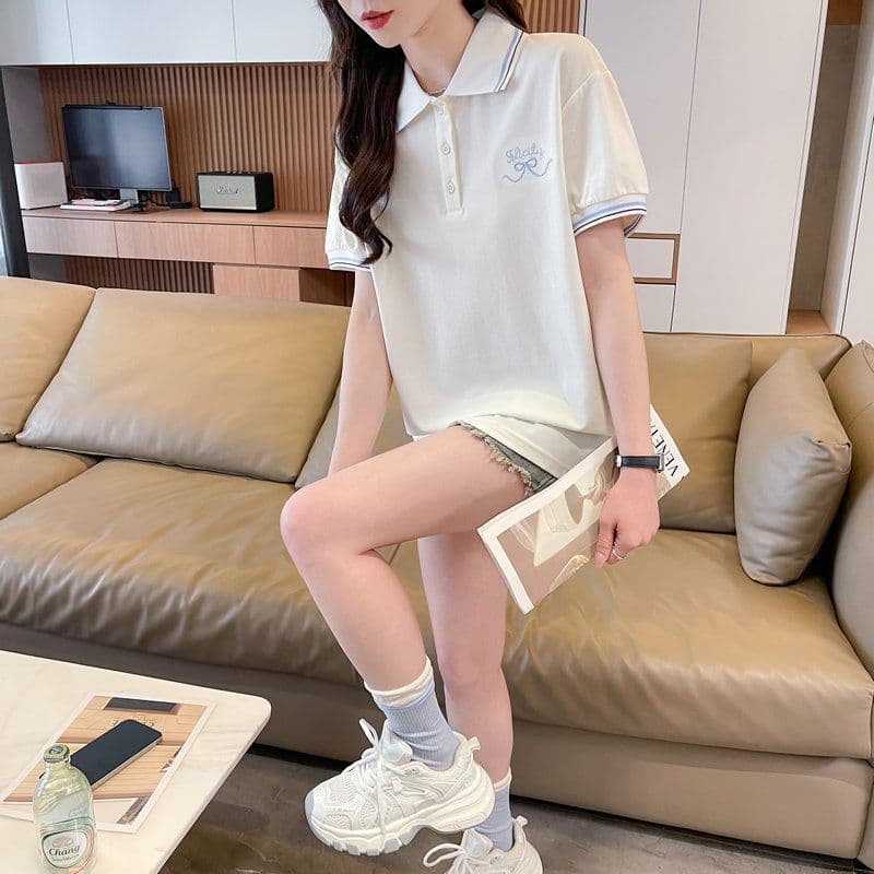실사 2026 여름 50 면 50 폴리 에스터 남자 바 면 폴로 칼라 반팔 티셔츠 여성 상세 이미지 5