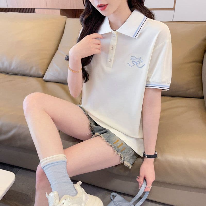 실사 2026 여름 50 면 50 폴리 에스터 남자 바 면 폴로 칼라 반팔 티셔츠 여성 상세 이미지 12