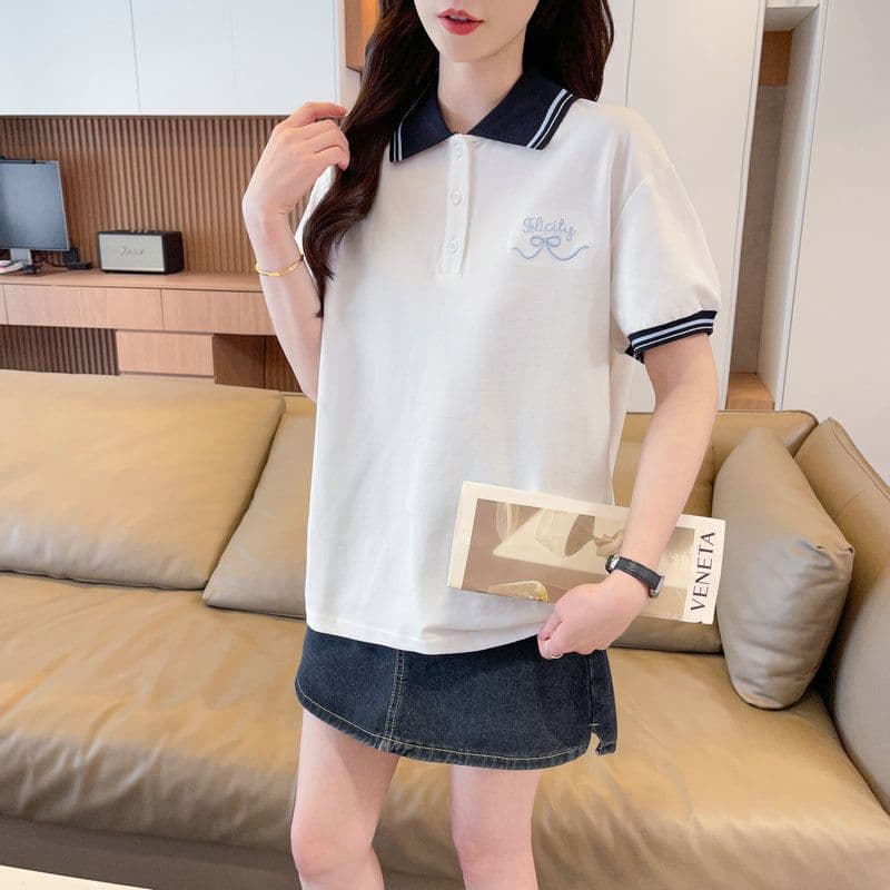 실사 2026 여름 50 면 50 폴리 에스터 남자 바 면 폴로 칼라 반팔 티셔츠 여성 상세 이미지 16