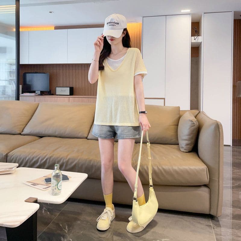 실사 2026 여름 60 면 40 폴리 에스터 눈꽃 면 페이크 레이어드 반팔 티셔츠 여성 상세 이미지 2
