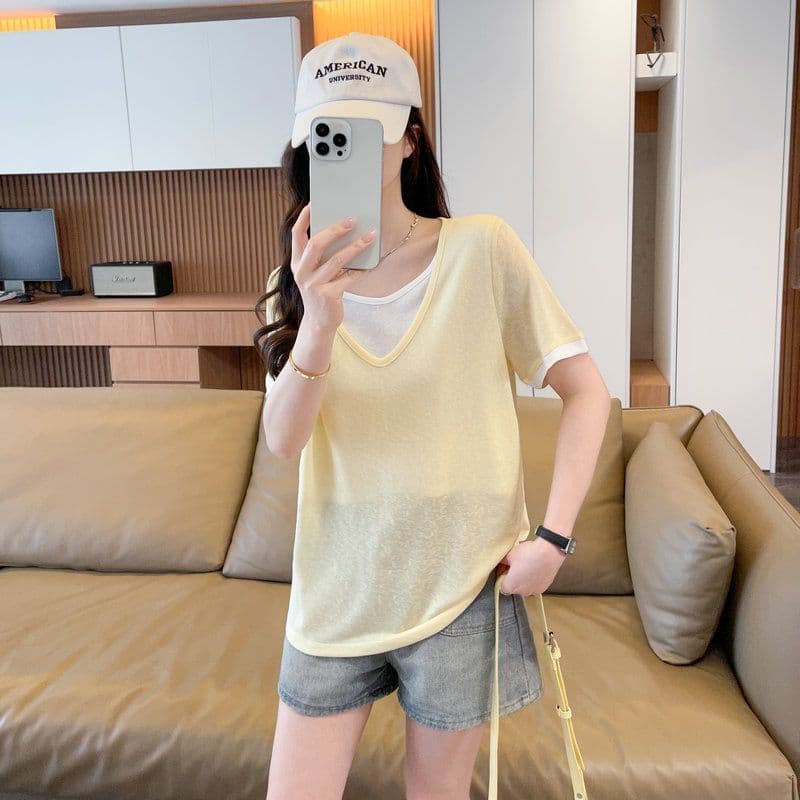 실사 2026 여름 60 면 40 폴리 에스터 눈꽃 면 페이크 레이어드 반팔 티셔츠 여성 상세 이미지 3