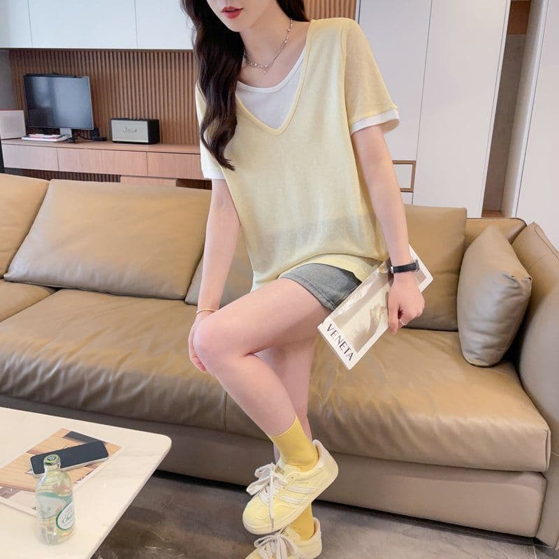 실사 2026 여름 60 면 40 폴리 에스터 눈꽃 면 페이크 레이어드 반팔 티셔츠 여성 상세 이미지 5