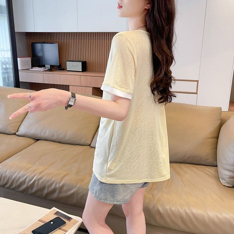 실사 2026 여름 60 면 40 폴리 에스터 눈꽃 면 페이크 레이어드 반팔 티셔츠 여성 상세 이미지 8