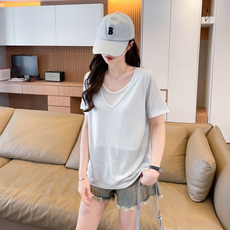 실사 2026 여름 60 면 40 폴리 에스터 눈꽃 면 페이크 레이어드 반팔 티셔츠 여성 상세 이미지 14