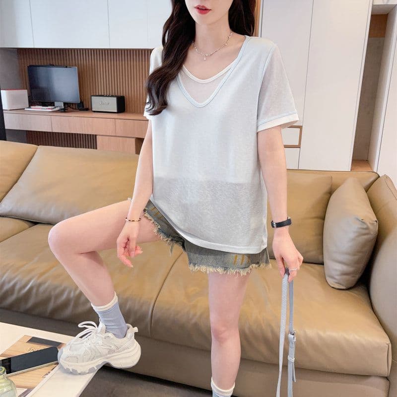 실사 2026 여름 60 면 40 폴리 에스터 눈꽃 면 페이크 레이어드 반팔 티셔츠 여성 상세 이미지 15