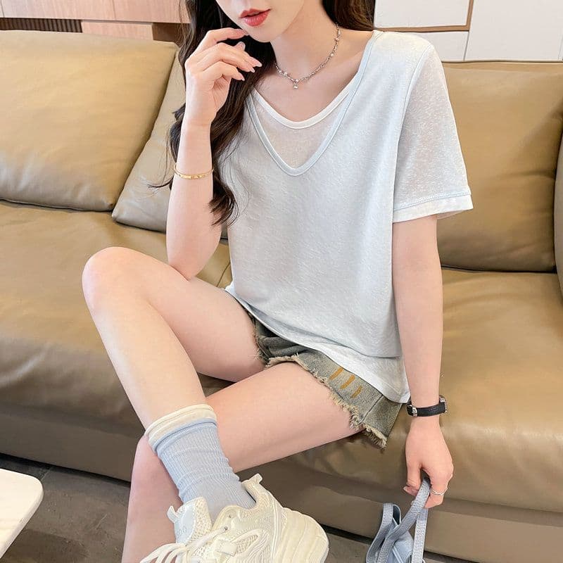 실사 2026 여름 60 면 40 폴리 에스터 눈꽃 면 페이크 레이어드 반팔 티셔츠 여성 상세 이미지 20