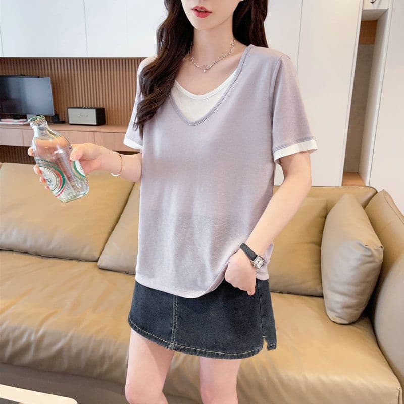 실사 2026 여름 60 면 40 폴리 에스터 눈꽃 면 페이크 레이어드 반팔 티셔츠 여성 상세 이미지 24