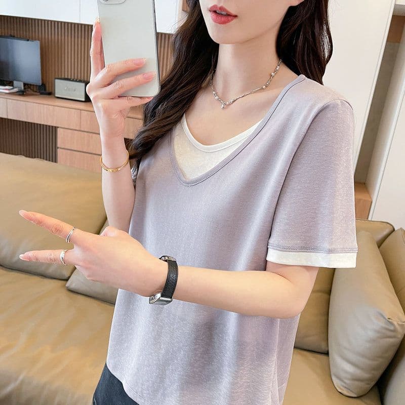 실사 2026 여름 60 면 40 폴리 에스터 눈꽃 면 페이크 레이어드 반팔 티셔츠 여성 상세 이미지 26
